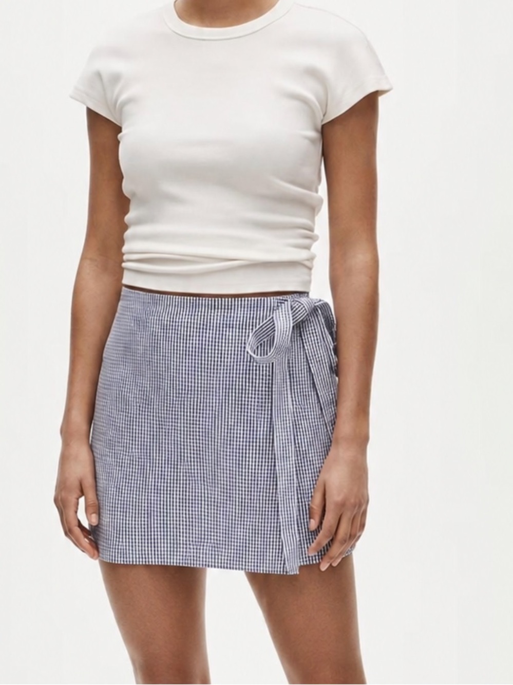 J.Crew Faux-wrap skirt in blue white gingham linen blend NWT 2P